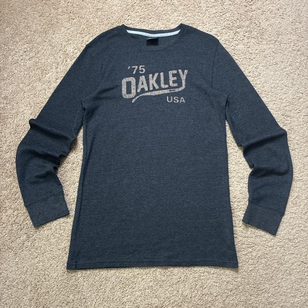 Oakley Gray Waffle Knit Spell Out Long Sleeve Shirt Size Large